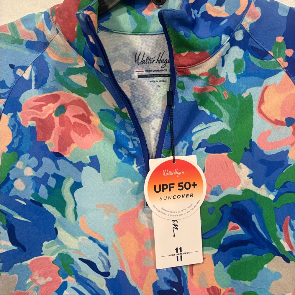 NWT Walter Hagen Blue Gouache Floral P11 Performance UV Protection Quarter Zip - Picture 8 of 9
